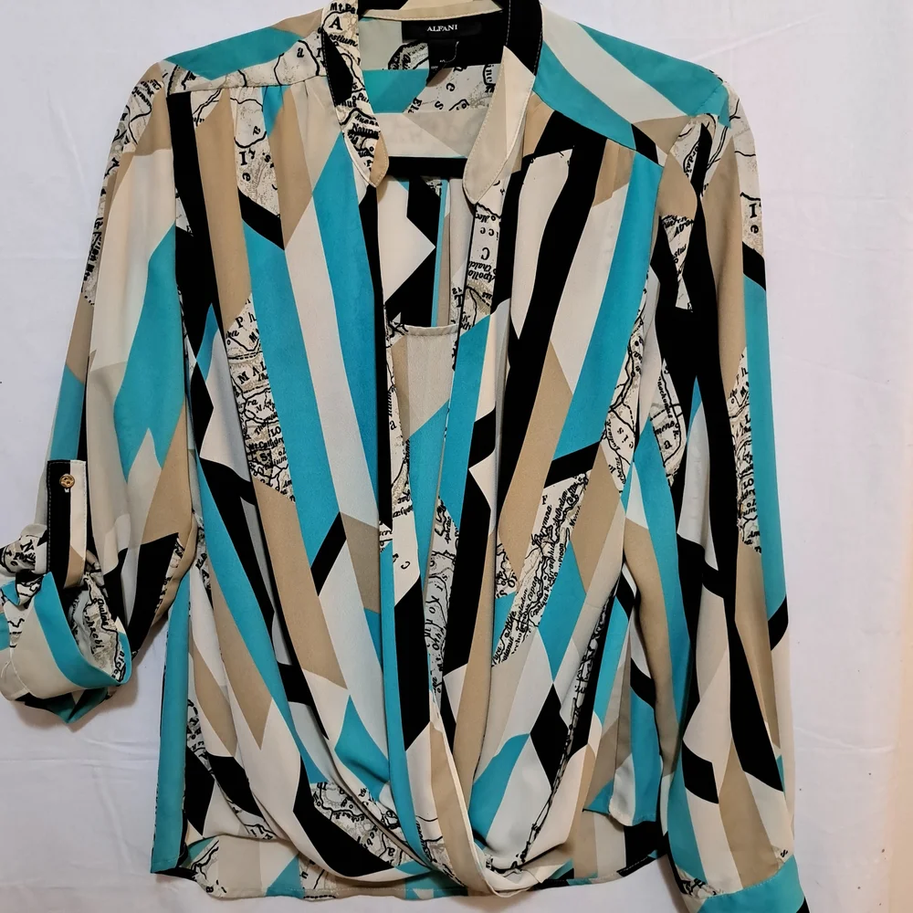 Alfani Womens Geometric Print Blouse Turquoise Black Tan Split Neck Top Sz 10 - Picture 2 of 7